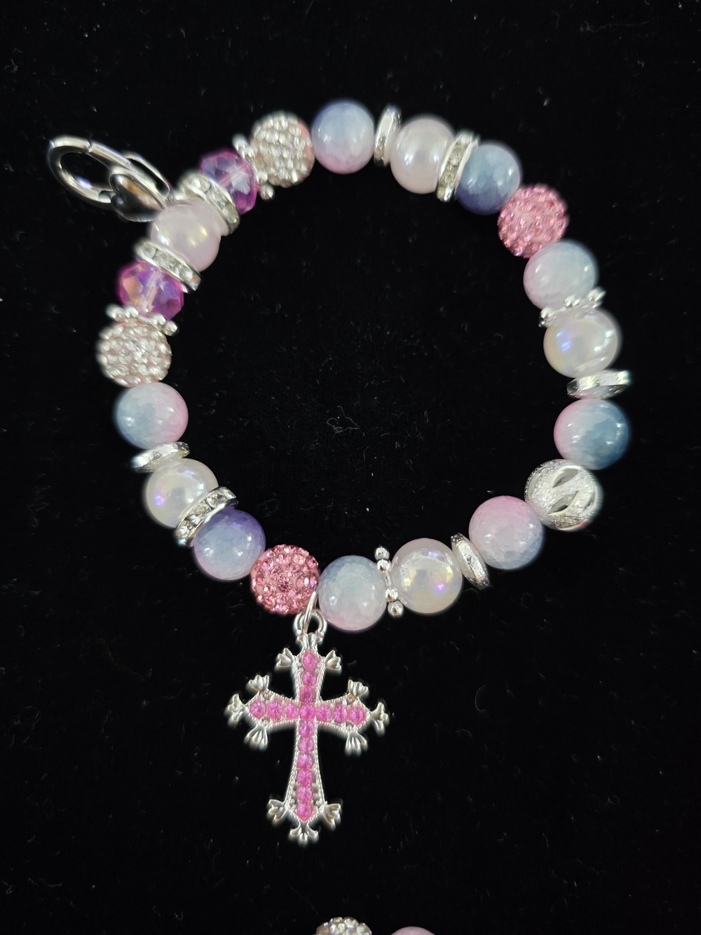 Pink & Blue Beaded Cross Charm Bracelet - Women Jewelry